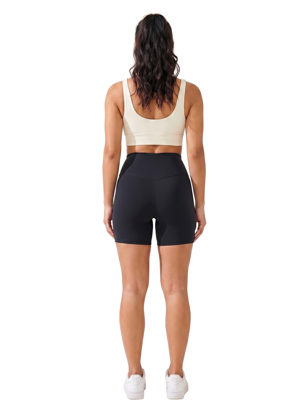High-Waisted Biker Shorts — on model, full body back